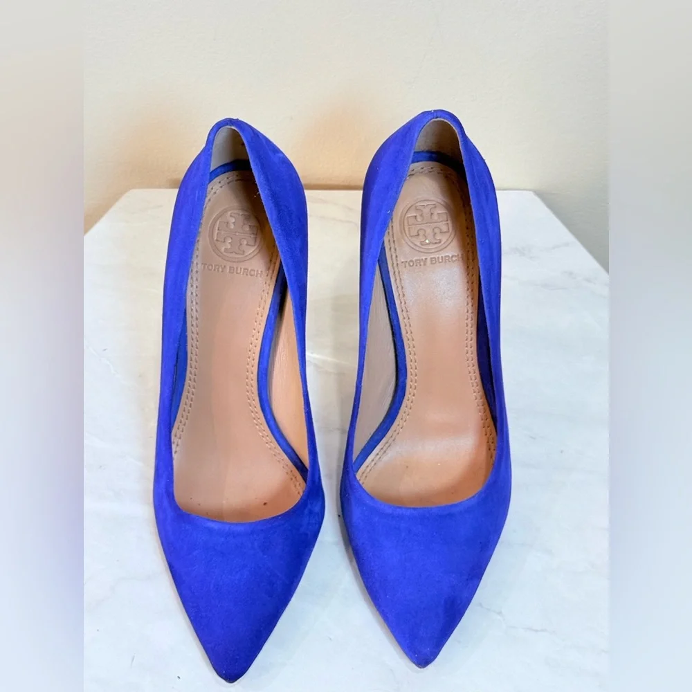 🔥Tory Burch Blue Suede Pointed-Toe Pumps with Lucite Block Heel Size 5 EC🔥